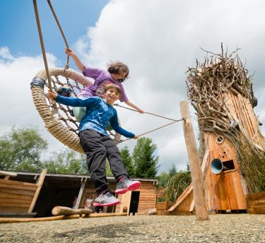 Two children on swing with giant tree climbing frame sculpture in the background